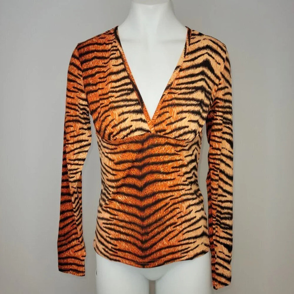 SHEIN V Neck Long Sleeve Top Animal Tiger Print Size Small NWT - Picture 1 of 7